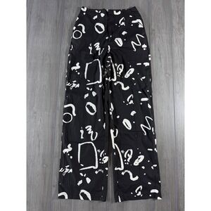 White Fox Black White Abstract Brushstroke Print Wide Leg Cotton Pants Small